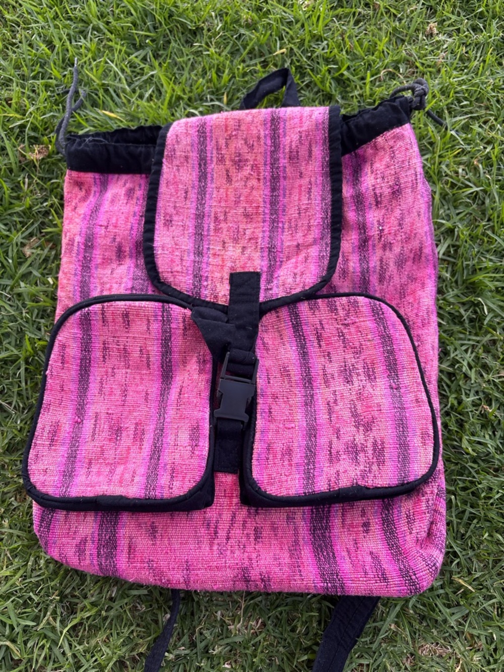 Women's Pink Drawstring Backpack with Front Pockets and Buckle